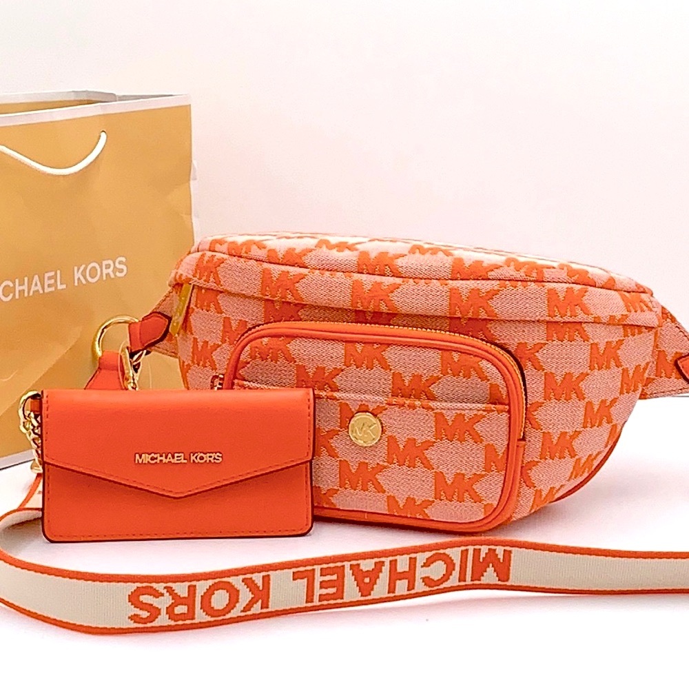 Michael Kors Orange and Cream Monogram Crossbody Belt Bag with Wallet